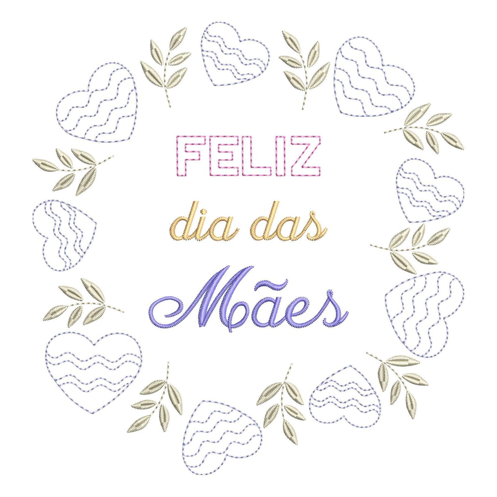 Matriz de Bordado Feliz Dia das Mães. Baixe agora no formato compatível com sua máquina de bordar DST, EXP, JEF, PES e XXX. Conta com 5 cores e 4 tamanhos disponíveis. Entre e veja mais detalhes da matriz para sua máquina computadorizada.