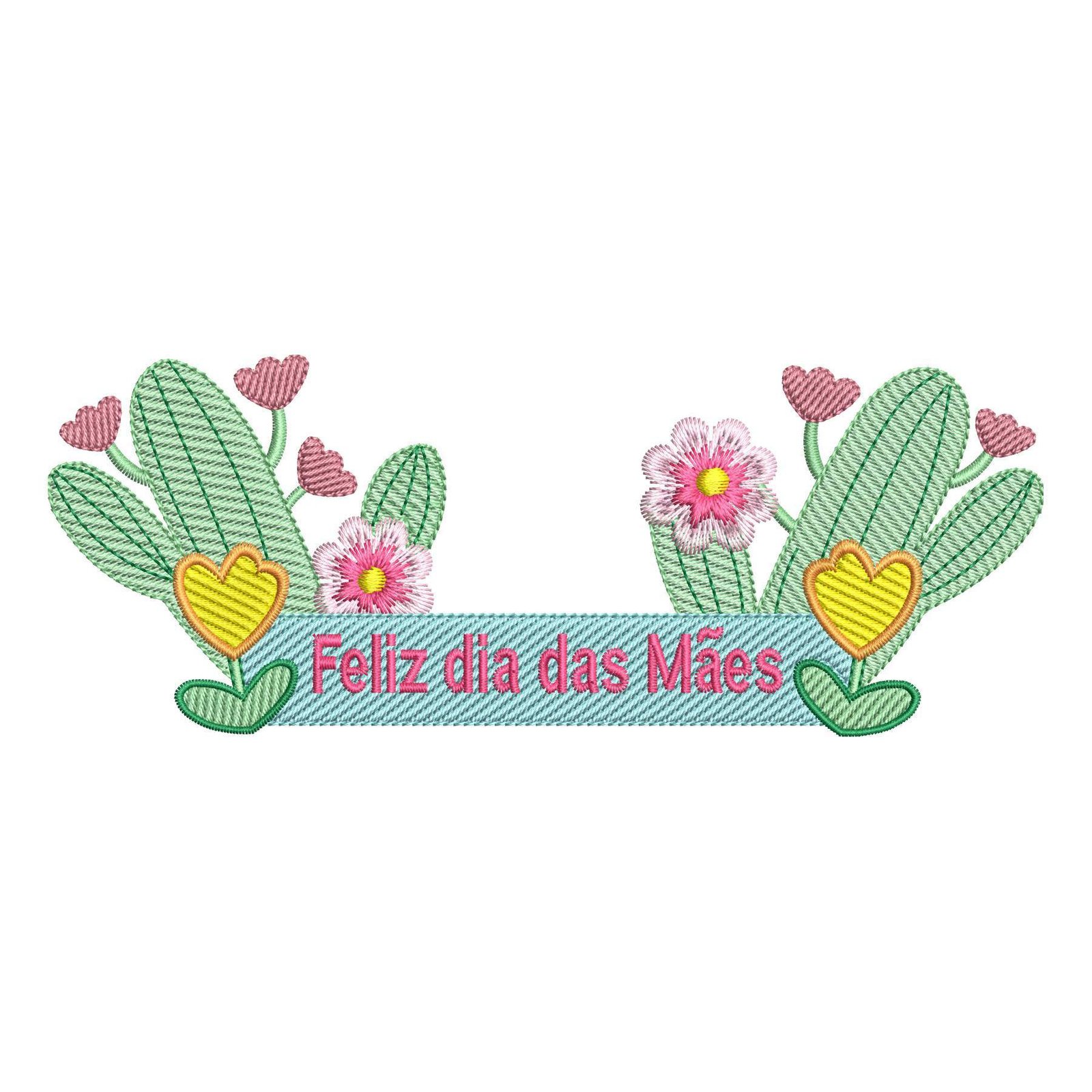 Matriz de Bordado Feliz Dia das Mães. Baixe agora no formato compatível com sua máquina de bordar DST, EXP, JEF, PES e XXX. Conta com 8 cores e 4 tamanhos disponíveis, utilizando a técnica de pontos leves. Entre e veja mais detalhes da matriz para sua máquina computadorizada.