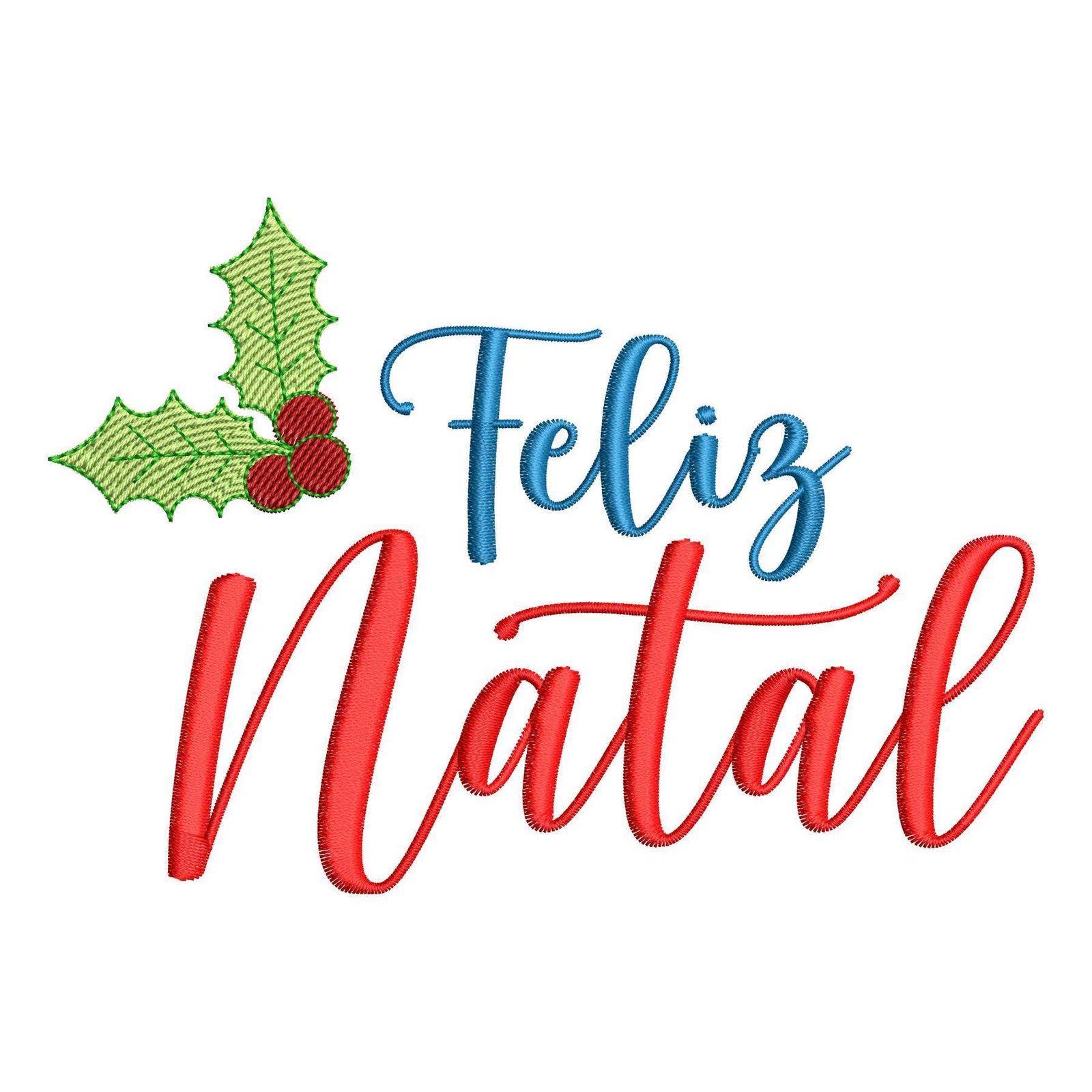 Matriz de Bordado Feliz Natal. Baixe agora no formato compatível com sua máquina de bordar DST, EXP, JEF, PES e XXX. Conta com 5 cores e 4 tamanhos disponíveis. Entre e veja mais detalhes da matriz para sua máquina computadorizada.