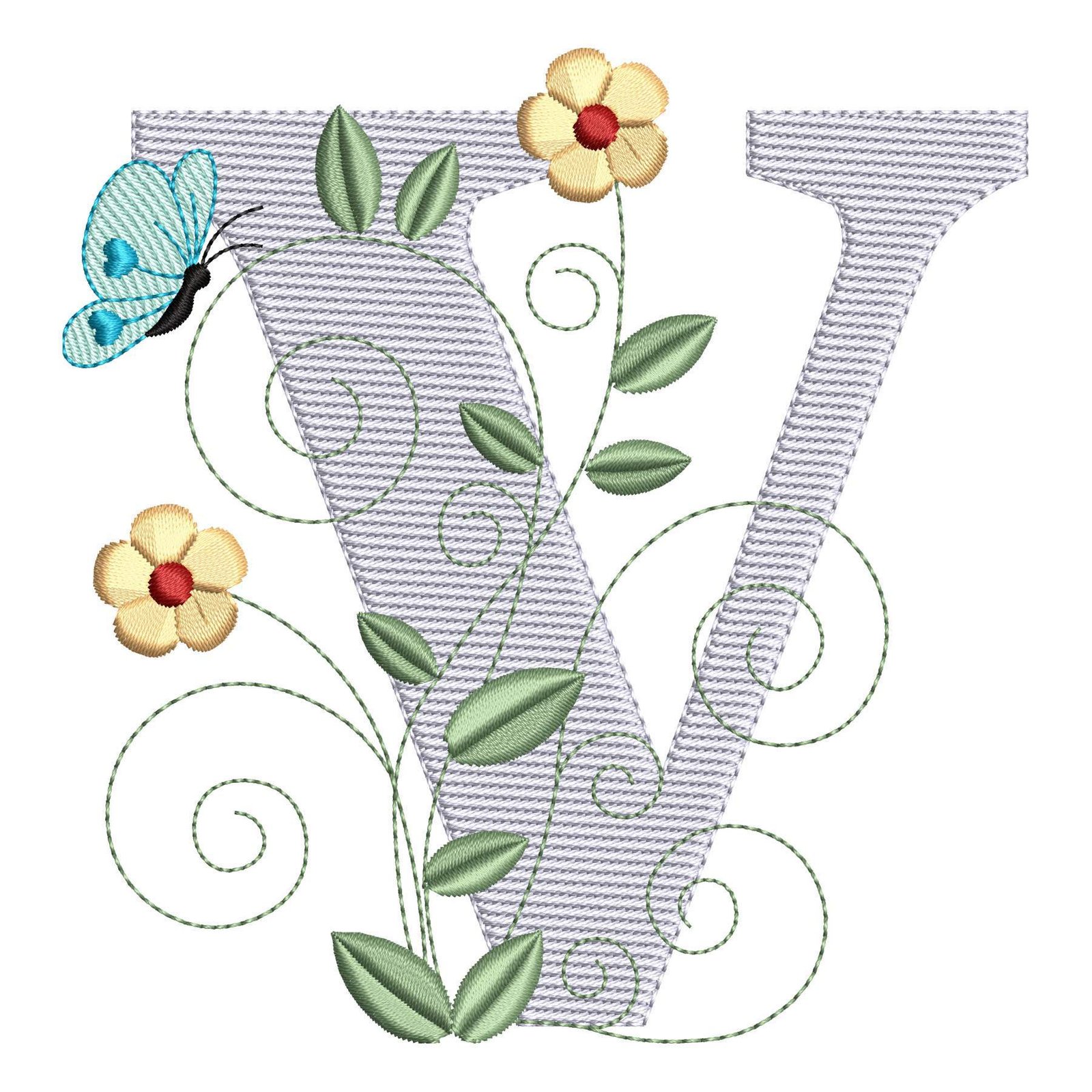 Matriz de Bordado Letra V com Detalhes Florais. Baixe agora no formato compatível com sua máquina de bordar DST, EXP, JEF, PES e XXX. Conta com 7 cores e 4 tamanhos disponíveis. Entre e veja mais detalhes da matriz para sua máquina computadorizada.