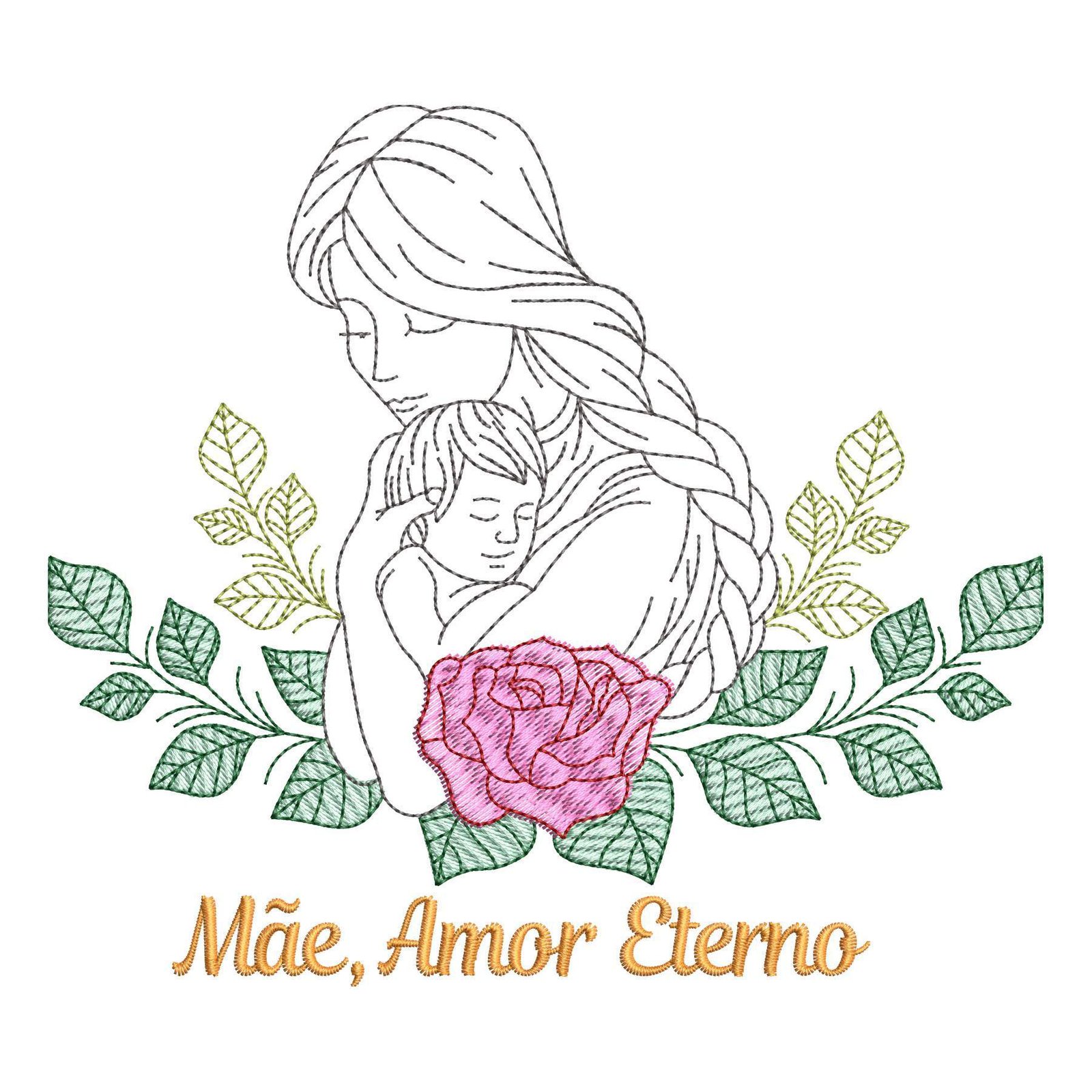 Matriz de Bordado Mãe Amor Eterno | Dia das Mãe. Baixe agora no formato compatível com sua máquina de bordar DST, EXP, JEF, PES e XXX. Conta com 5 cores e 4 tamanhos disponíveis. Entre e veja mais detalhes da matriz para sua máquina computadorizada.