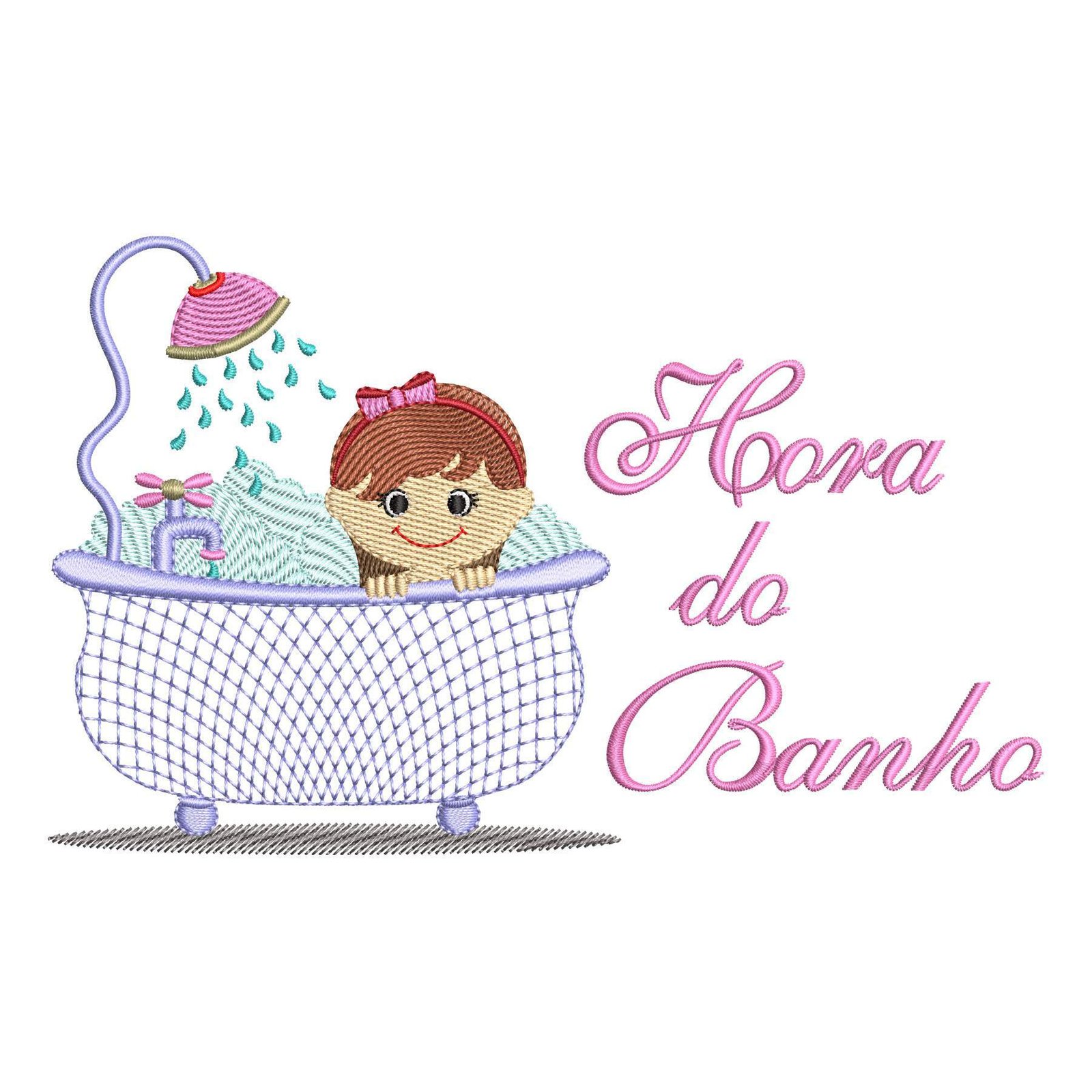 Matriz de Bordado Menina Hora do Banho na Banheira. Baixe agora no formato compatível com sua máquina de bordar DST, EXP, JEF, PES e XXX. Conta com 13 cores e 4 tamanhos disponíveis, utilizando a técnica de pontos leves. Entre e veja mais detalhes da matriz para sua máquina computadorizada.