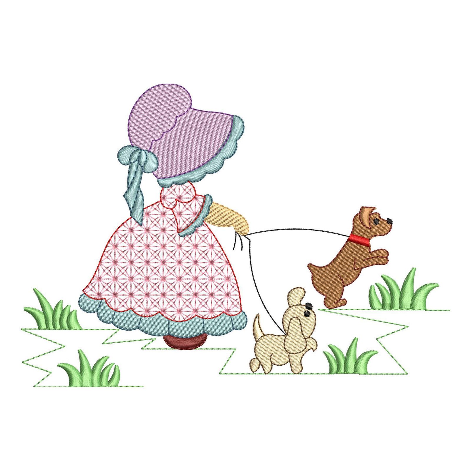 Matriz de Bordado Menina Sunbonnet com os Cachorrinhos. Baixe agora no formato compatível com sua máquina de bordar DST, EXP, JEF, PES e XXX. Conta com 13 cores e 4 tamanhos disponíveis, utilizando a técnica de pontos leves. Entre e veja mais detalhes da matriz para sua máquina computadorizada.