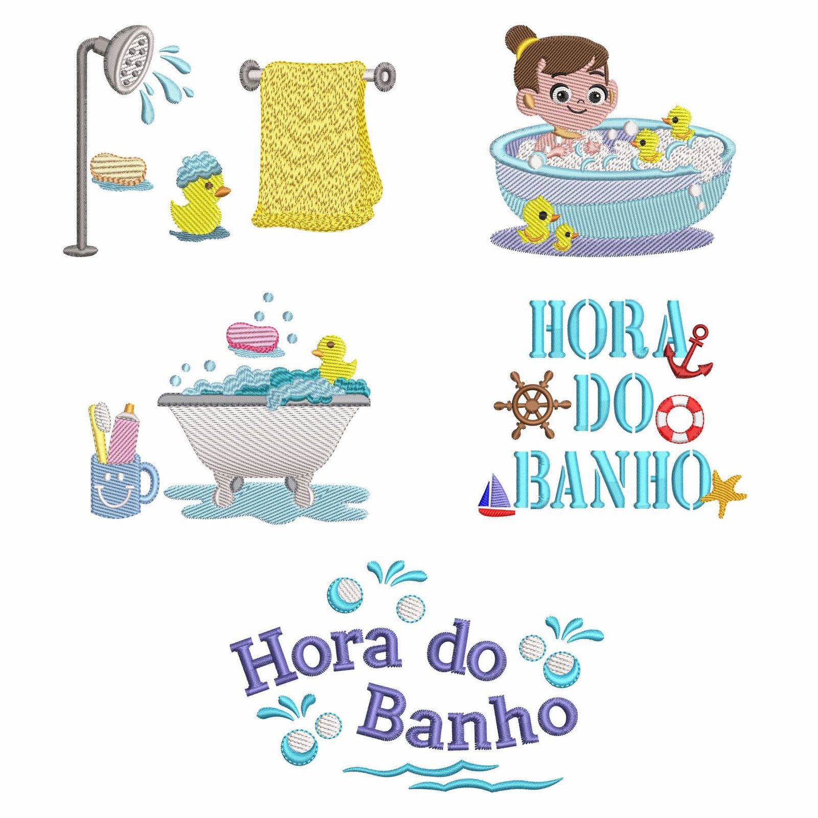 Coleção de Matrizes de Bordado Hora do Banho. Baixe agora no formato compatível com sua máquina de bordar DST, EXP, JEF, PES e XXX. Conta com 5 matrizes e 4 tamanhos disponíveis de cada matriz, utilizando a técnica de pontos leves. Entre e veja mais detalhes dessa coleção para sua máquina computadorizada.