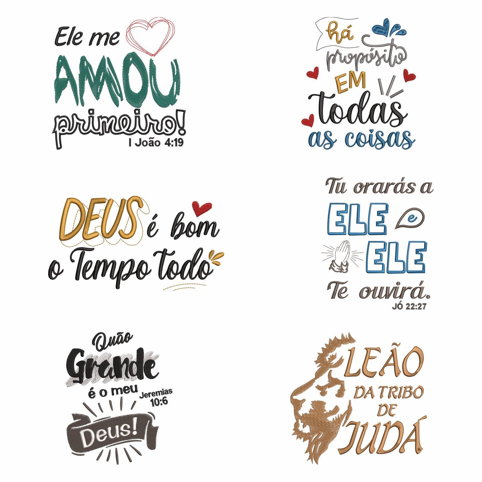 Coleção de Matrizes de Bordado Mensagem Cristã. Baixe agora no formato compatível com sua máquina de bordar DST, EXP, JEF, PES e XXX. Conta com 6 matrizes e 4 tamanhos disponíveis de cada matriz. Entre e veja mais detalhes dessa coleção para sua máquina computadorizada.