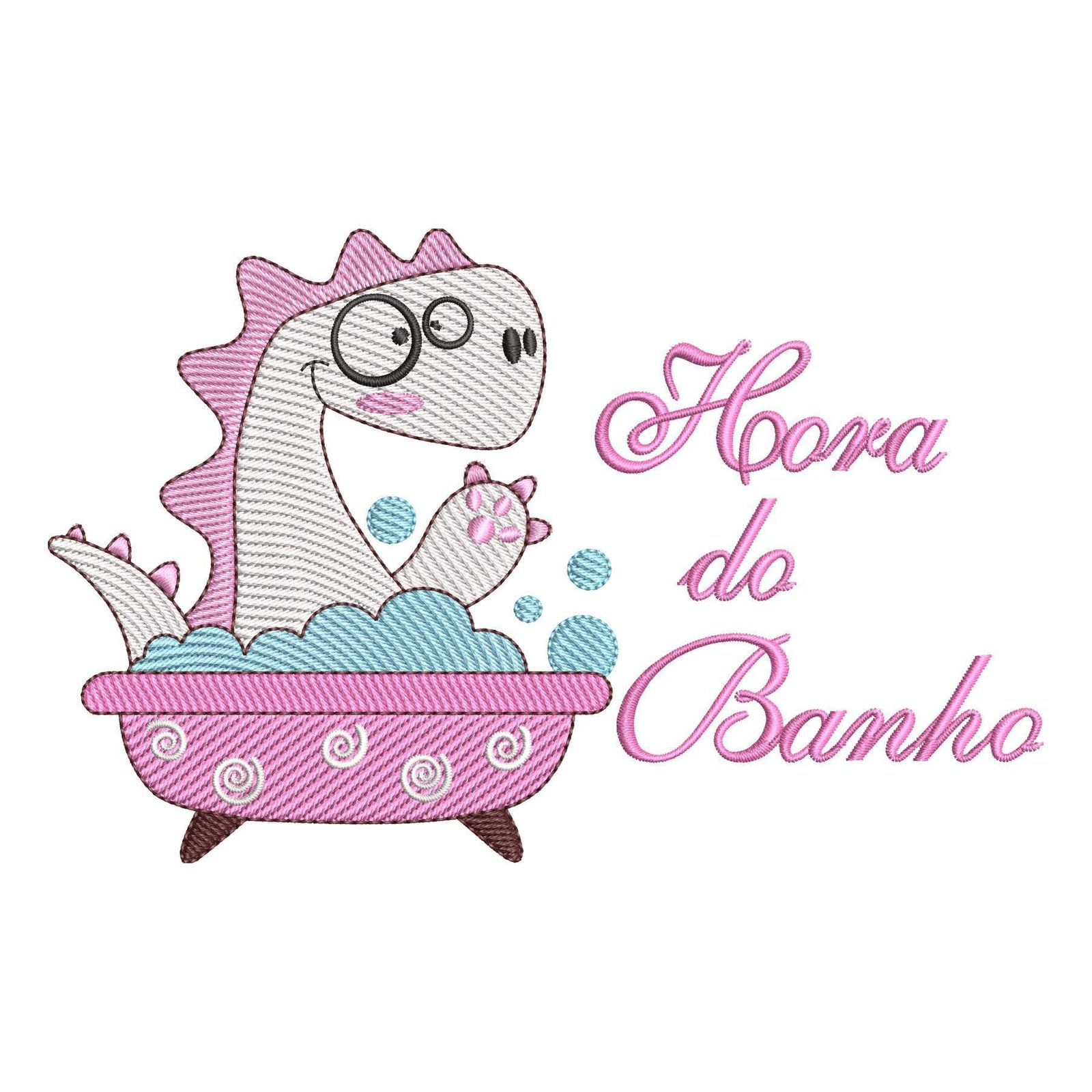 Matriz de Bordado Dinossauro Hora do Banho na Banheira. Baixe agora no formato compatível com sua máquina de bordar DST, EXP, JEF, PES e XXX. Conta com 6 cores e 4 tamanhos disponíveis, utilizando a técnica de pontos leves. Entre e veja mais detalhes da matriz para sua máquina computadorizada.