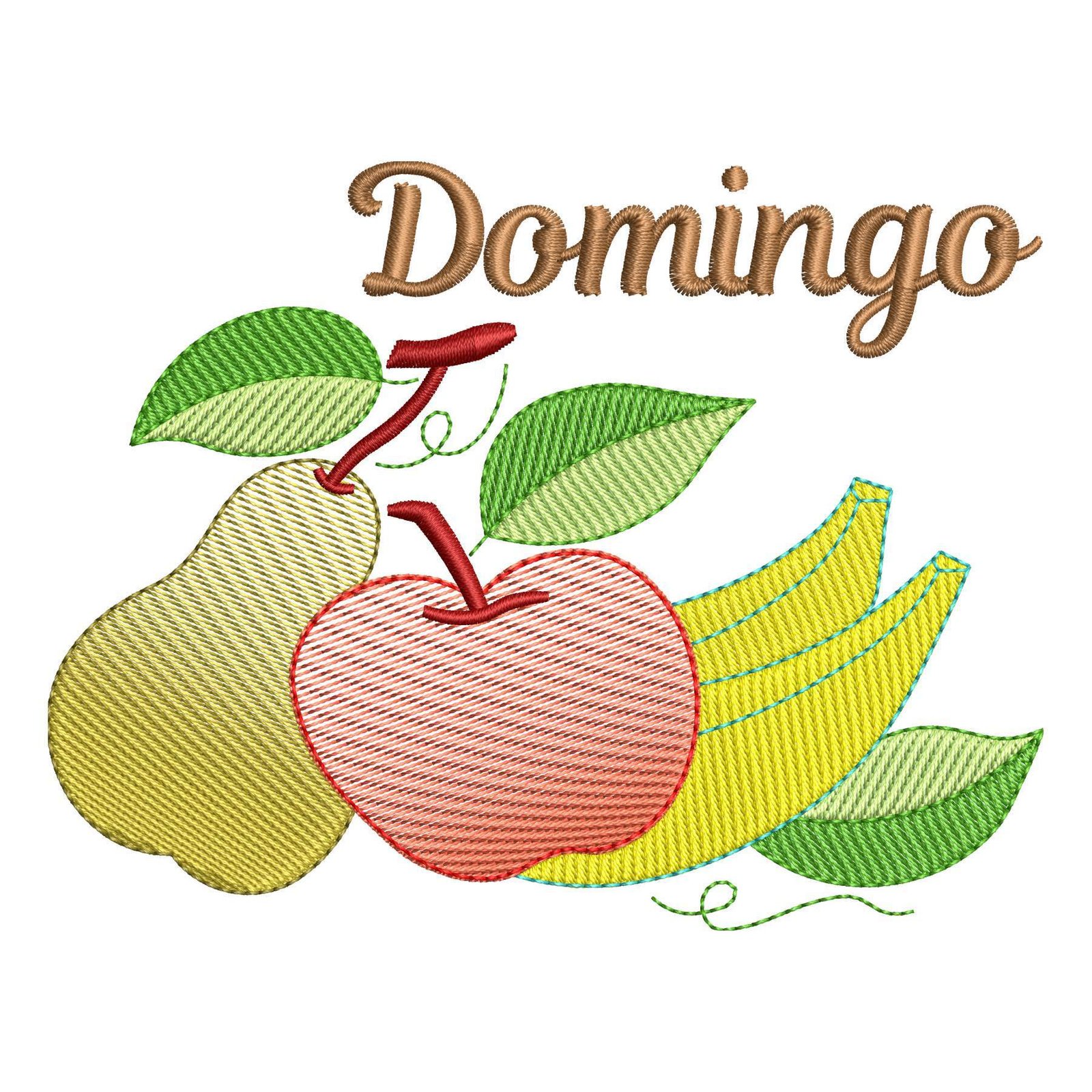 Matriz de Bordado Domingo Semaninha de Frutas. Baixe agora no formato compatível com sua máquina de bordar DST, EXP, JEF, PES e XXX. Conta com 10 cores e 4 tamanhos disponíveis, utilizando a técnica de pontos leves. Entre e veja mais detalhes da matriz para sua máquina computadorizada.