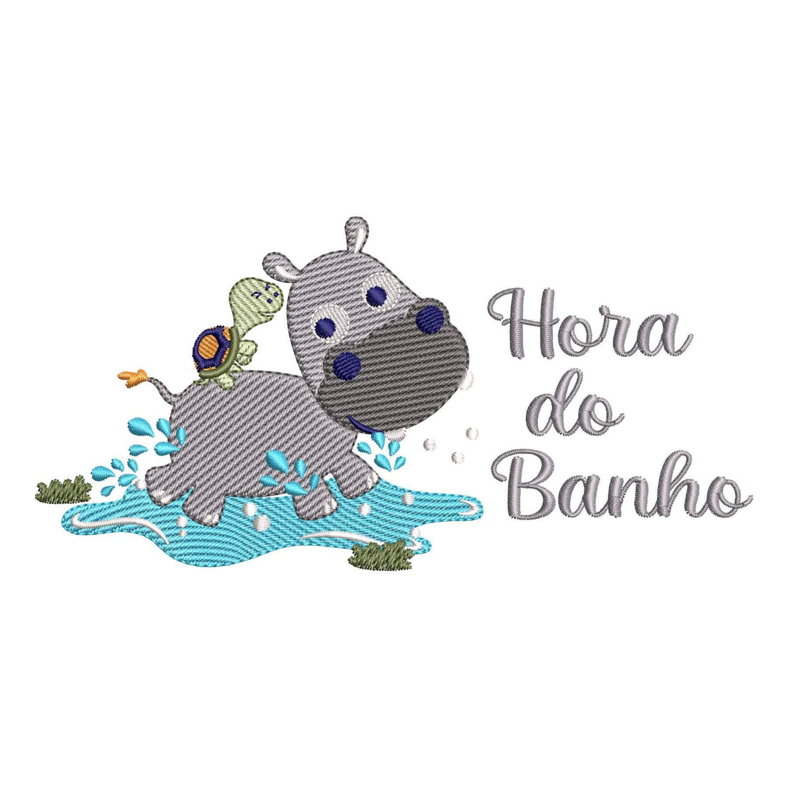 Matriz de Bordado Hipopótamo Hora do Banho. Baixe agora no formato compatível com sua máquina de bordar DST, EXP, JEF, PES e XXX. Conta com 8 cores e 4 tamanhos disponíveis, utilizando a técnica de pontos leves. Entre e veja mais detalhes da matriz para sua máquina computadorizada.