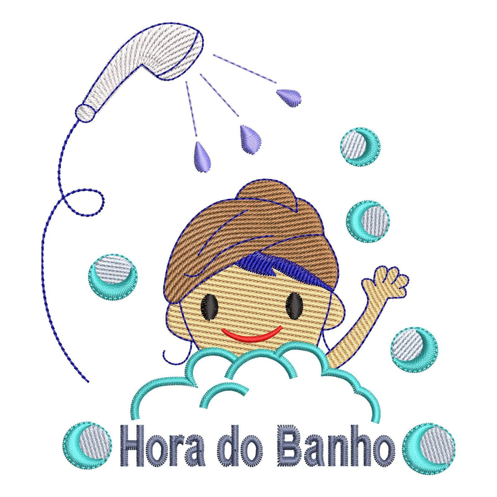 Matriz de Bordado Menino Hora do Banho. Baixe agora no formato compatível com sua máquina de bordar DST, EXP, JEF, PES e XXX. Conta com 10 cores e 4 tamanhos disponíveis, utilizando a técnica de pontos leves. Entre e veja mais detalhes da matriz para sua máquina computadorizada.