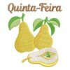 Matriz de Bordado Quinta-feira Semaninha de Frutas. Baixe agora no formato compatível com sua máquina de bordar DST, EXP, JEF, PES e XXX. Conta com 6 cores e 4 tamanhos disponíveis, utilizando a técnica de pontos leves. Entre e veja mais detalhes da matriz para sua máquina computadorizada.