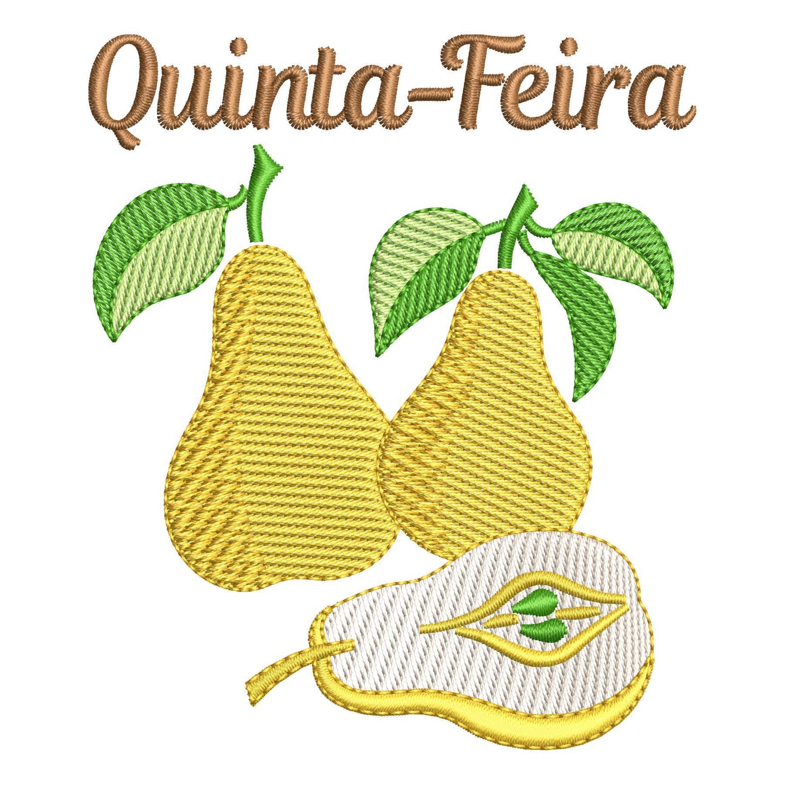 Matriz de Bordado Quinta-feira Semaninha de Frutas. Baixe agora no formato compatível com sua máquina de bordar DST, EXP, JEF, PES e XXX. Conta com 6 cores e 4 tamanhos disponíveis, utilizando a técnica de pontos leves. Entre e veja mais detalhes da matriz para sua máquina computadorizada.