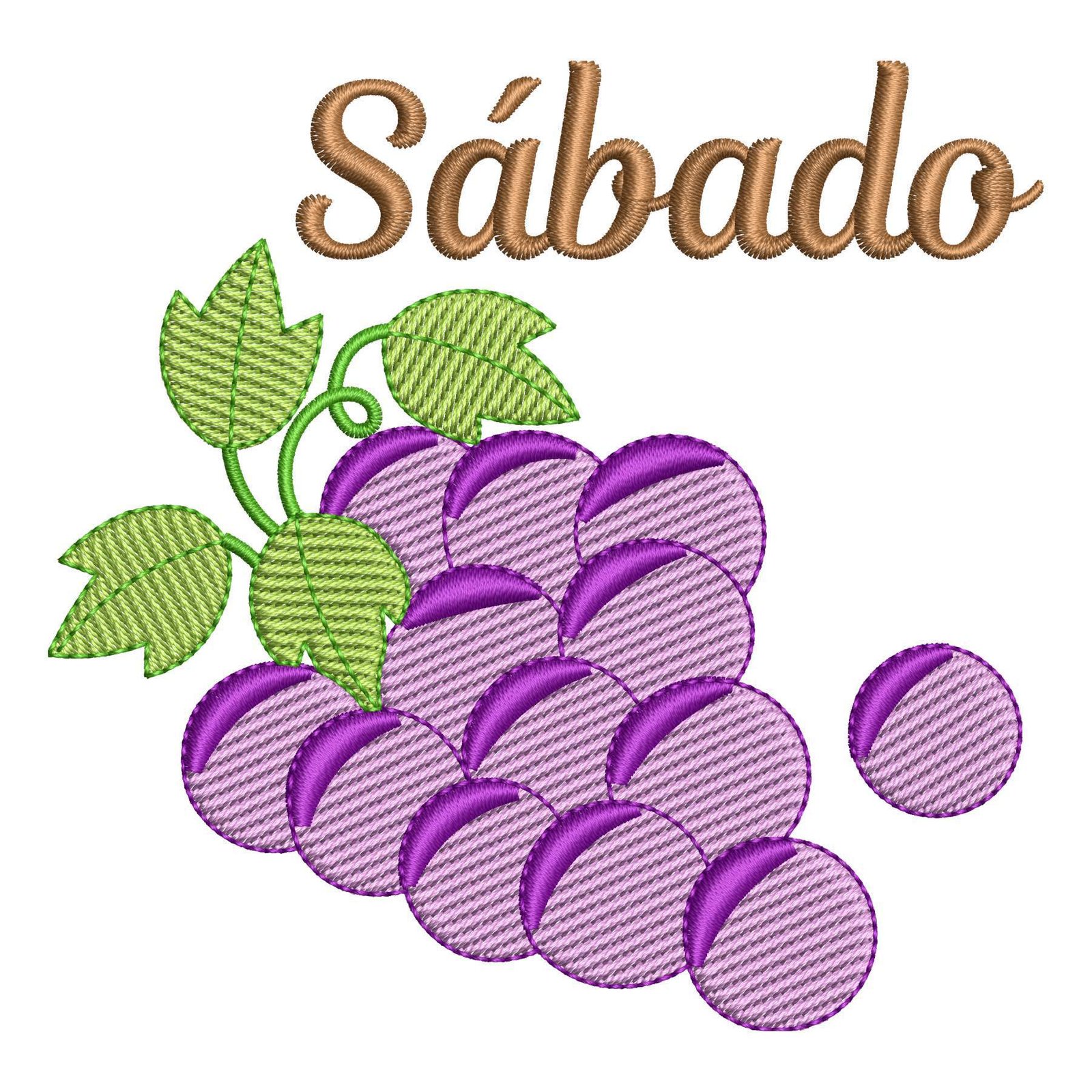 Matriz de Bordado Sábado Semaninha de Frutas. Baixe agora no formato compatível com sua máquina de bordar DST, EXP, JEF, PES e XXX. Conta com 5 cores e 4 tamanhos disponíveis, utilizando a técnica de pontos leves. Entre e veja mais detalhes da matriz para sua máquina computadorizada.