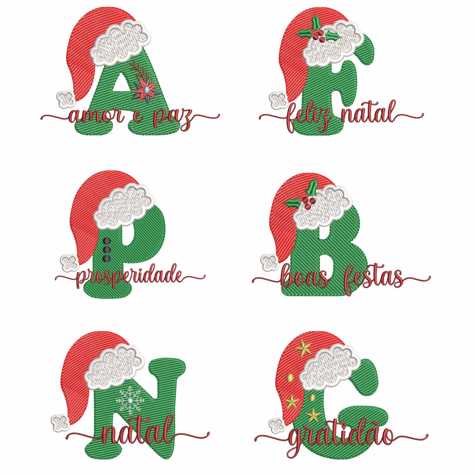 Coleção de Letras Decorativas de Natal. Baixe agora no formato compatível com sua máquina de bordar DST, EXP, JEF, PES e XXX. Conta com 6 matrizes e 4 tamanhos disponíveis de cada matriz, utilizando a técnica de pontos leves. Entre e veja mais detalhes dessa coleção para sua máquina computadorizada.