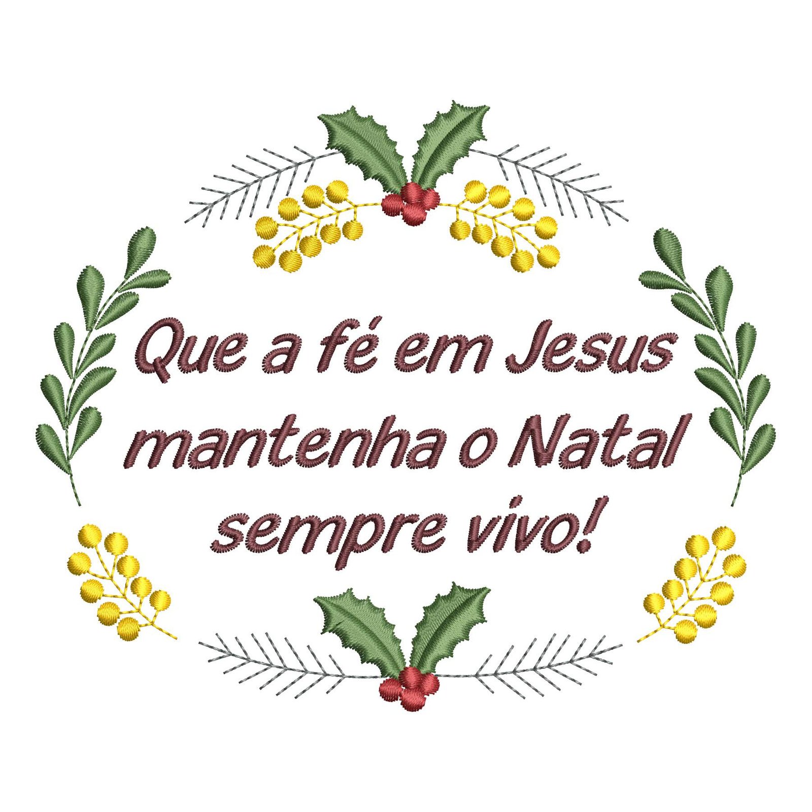 Matriz de Bordado Feliz Natal. Baixe agora no formato compatível com sua máquina de bordar DST, EXP, JEF, PES e XXX. Conta com 5 cores e 4 tamanhos disponíveis. Entre e veja mais detalhes da matriz para sua máquina computadorizada.