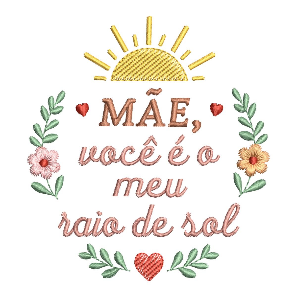 Matriz de Bordado Mãe, meu Raio de Sol. Baixe agora no formato compatível com sua máquina de bordar DST, EXP, JEF, PES e XXX. Conta com 8 cores e 4 tamanhos disponíveis, utilizando a técnica de pontos leves. Entre e veja mais detalhes da matriz para sua máquina computadorizada.