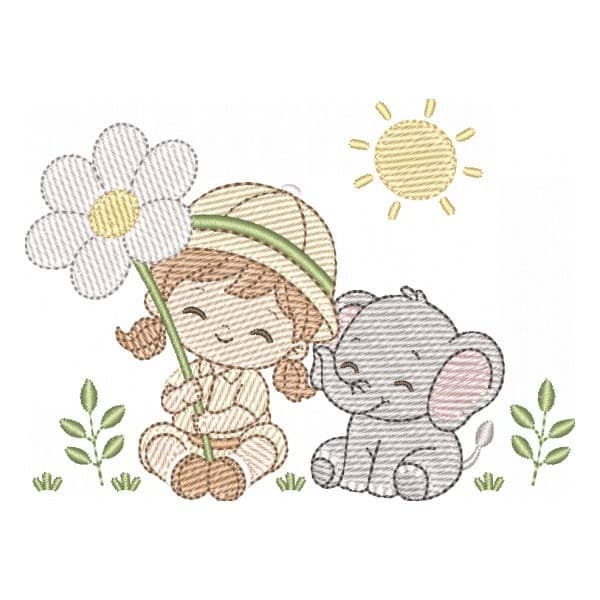 Menina e Elefantinho com Flor