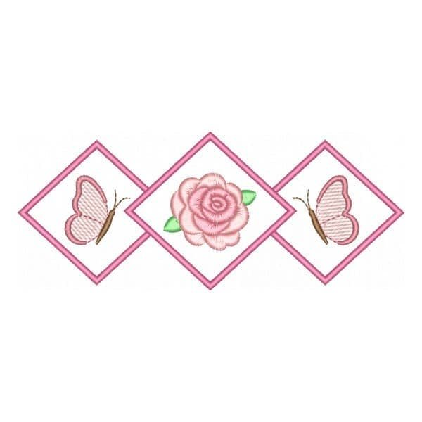 Matriz de Bordado Losangos com Rosa e Borboletas